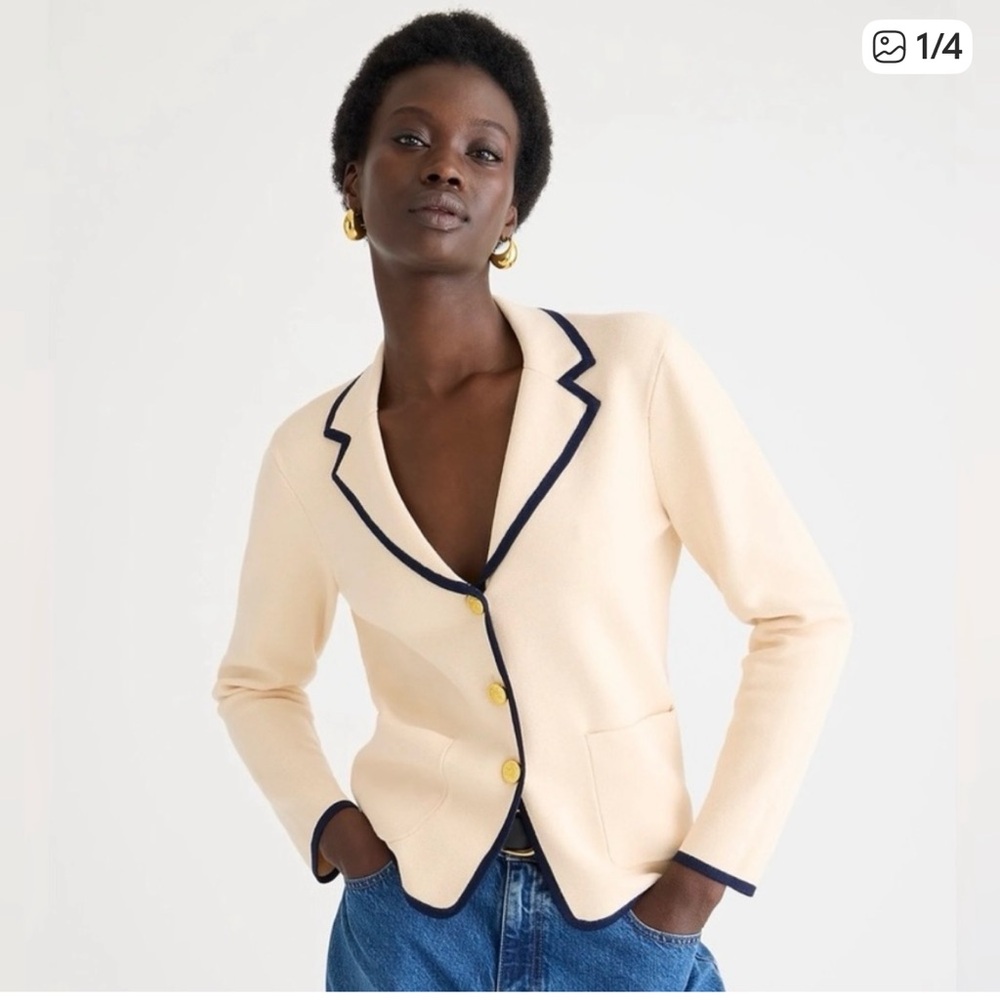 JCREW  NWT Cream Knit Cardigan with Navy Trim and Gold Buttons